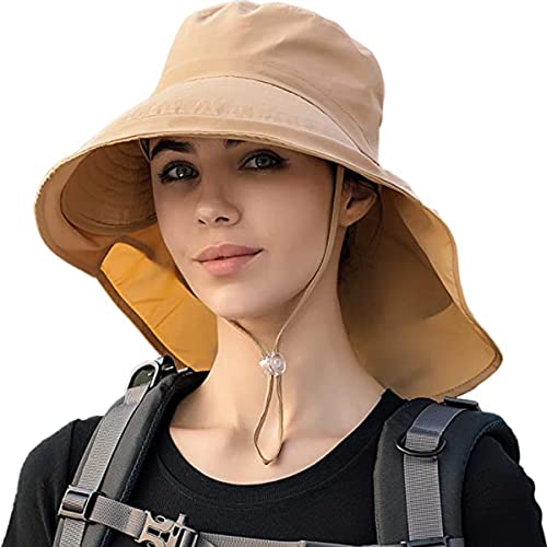 Sonnenhut Damen Outdoor Sommer Breiter Krempe UV Schutz Hut wasserabweisend mit großem Nackenschutz Pferdeschwanz Strandhut von MAKFORT