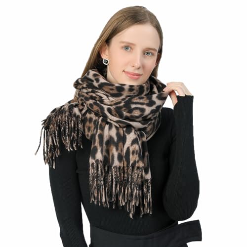 MAKFORT XXL Schal Damen Klassisch Leoparden Schal Herbst Halstuch Damen Winter Warme Super Lange Stola Frauen Mit Quasten 200 * 70CM von MAKFORT