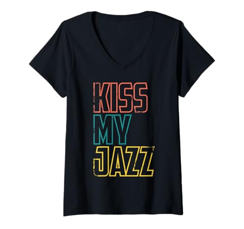 Damen KISS My Jazz – Lustiger Jazzisten-Spruch T-Shirt mit V-Ausschnitt Damen KISS My Jazz – Lustiger Jazzisten-Spruch T-Shirt mit V-Ausschnitt von MALAGATTO DESIGNS