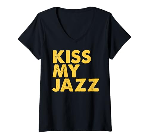 Damen KISS My Jazz – Lustiger Jazzisten-Spruch T-Shirt mit V-Ausschnitt Damen KISS My Jazz – Lustiger Jazzisten-Spruch T-Shirt mit V-Ausschnitt von MALAGATTO DESIGNS