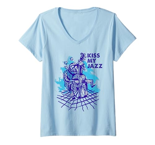 Damen Kiss My Jazz - Musikerillustration T-Shirt mit V-Ausschnitt Damen Kiss My Jazz - Musikerillustration T-Shirt mit V-Ausschnitt von MALAGATTO DESIGNS