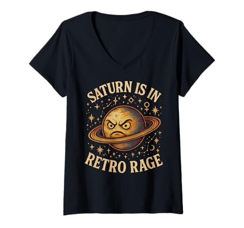 Damen Saturn ist Retro-Wutanfall – Mystischer Astrologie T-Shirt mit V-Ausschnitt Damen Saturn ist Retro-Wutanfall – Mystischer Astrologie T-Shirt mit V-Ausschnitt von MALAGATTO DESIGNS