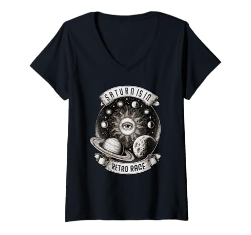 Damen Saturn ist Retro-Wutanfall – Mystischer Astrologie T-Shirt mit V-Ausschnitt Damen Saturn ist Retro-Wutanfall – Mystischer Astrologie T-Shirt mit V-Ausschnitt von MALAGATTO DESIGNS