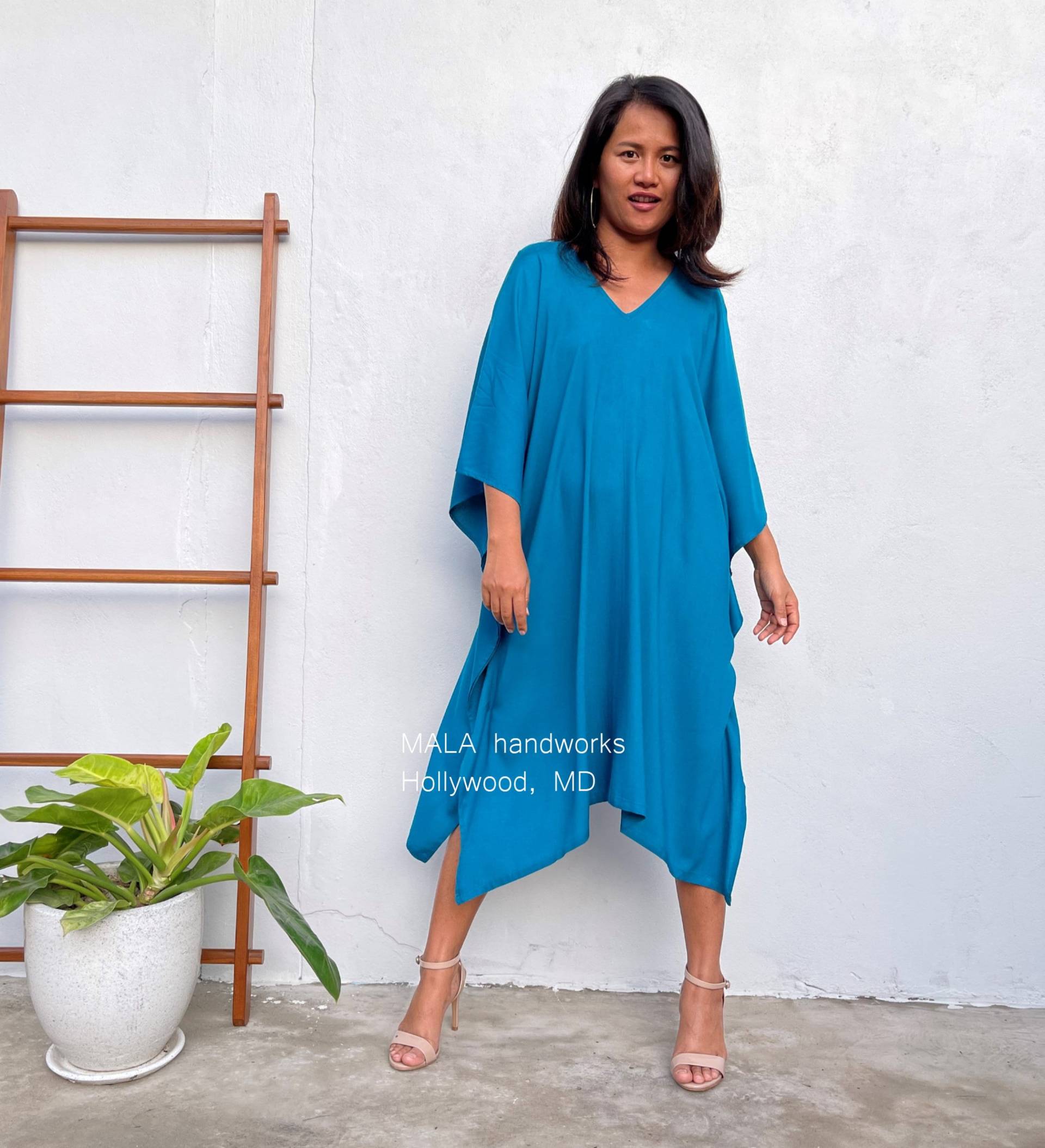 Fr-10 Blau Teal Midi Kaftan, Midikleid, Tunika Strandkleidung, Lounge Kleidung, Strandkleidung Tunika, Sommerkleid, Urlaubskleidung, Resort von MALAHANDWORKS