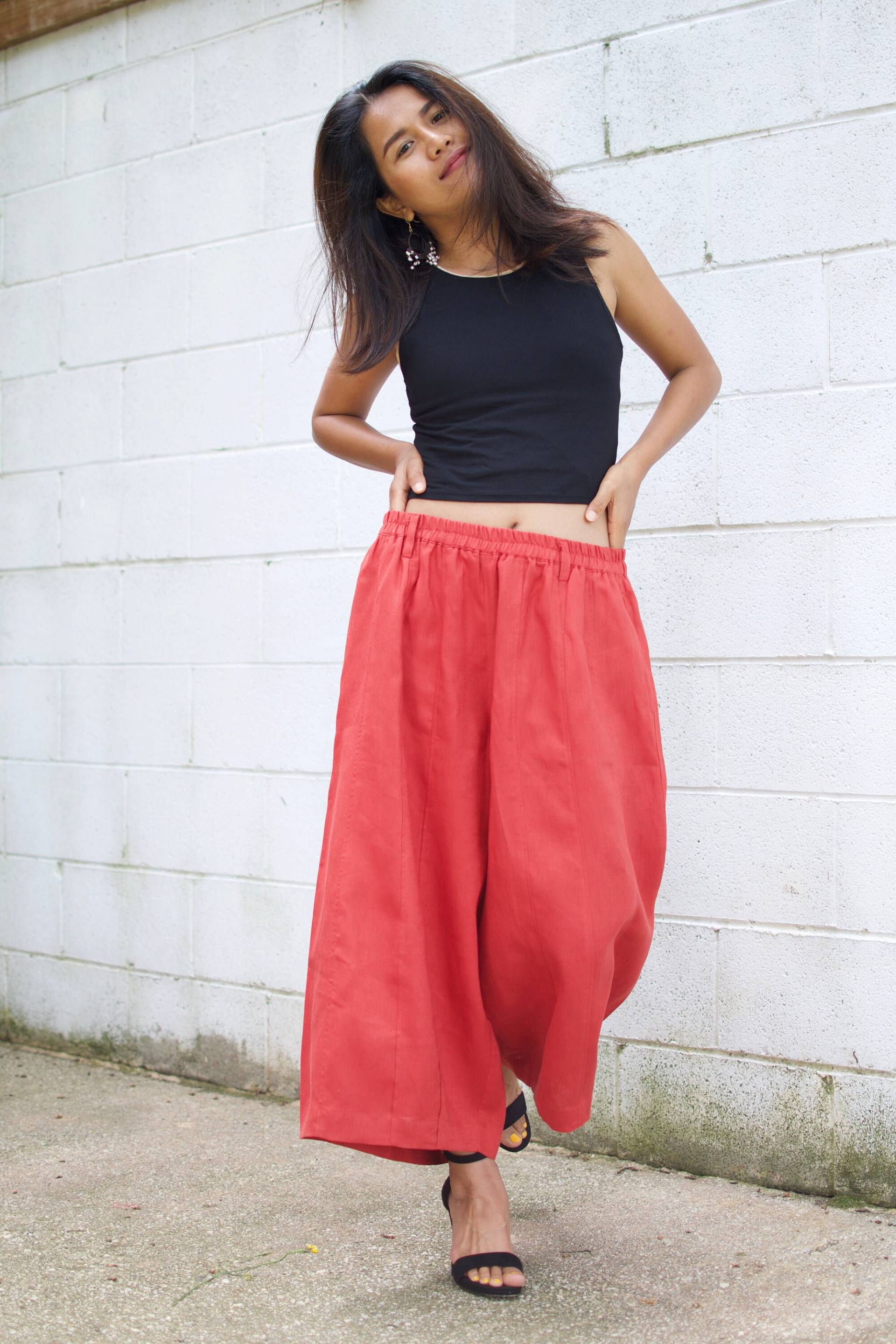 L-5 Linen Resort Hose -Leinenhose-Drop Crotch Leinen-Rotes Leinen-Hose Mit Weitem Bein Cocktailhose Strandhose-Streetstyle von MALAHANDWORKS