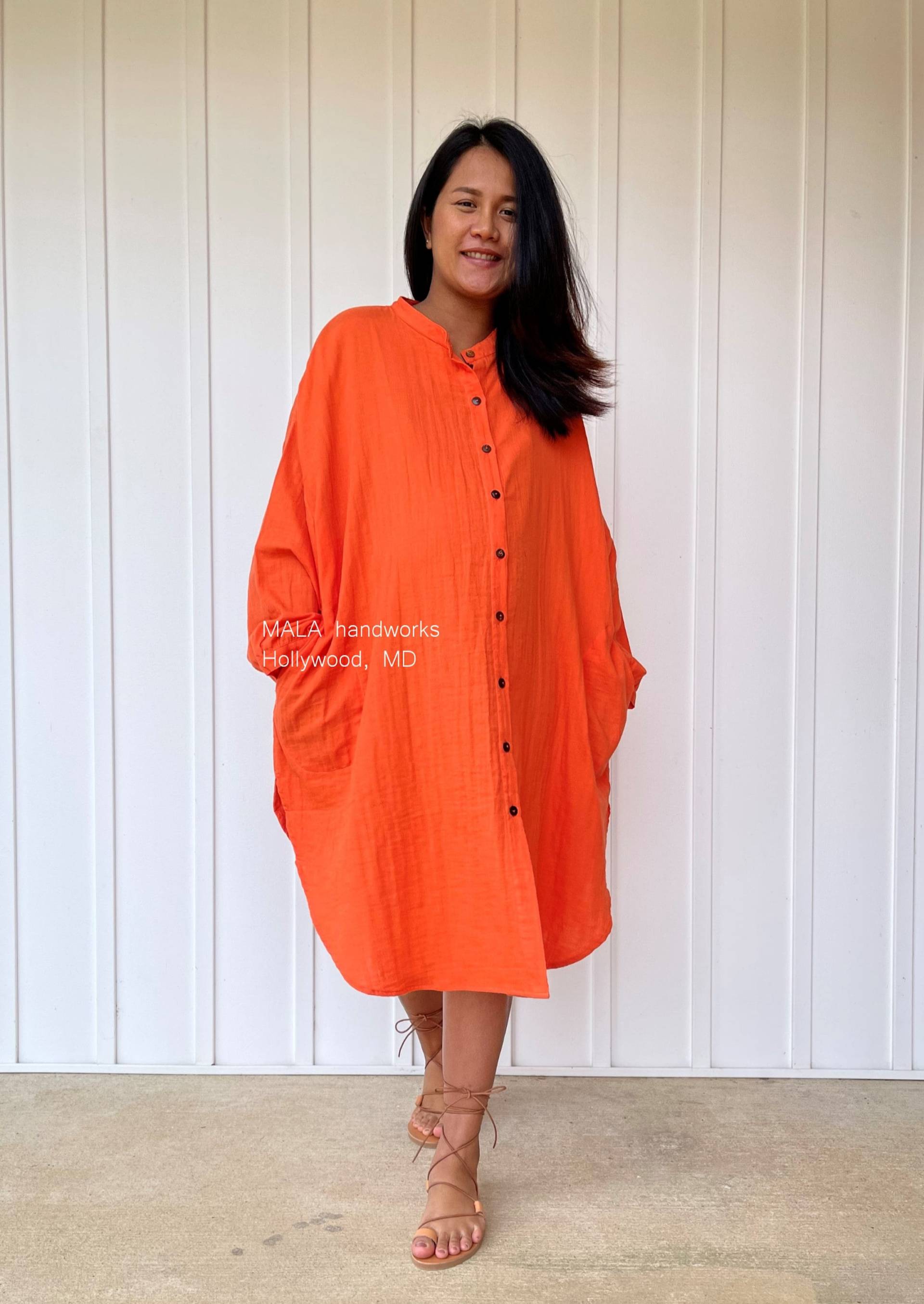 Ps-7 Midi Orange Double Gauze Baumwolle Shirtkleid 41 ", Einheitsgröße, Unisex, Oranges Hemdkleid, Home Wear, Street Lounge Wear von MALAHANDWORKS