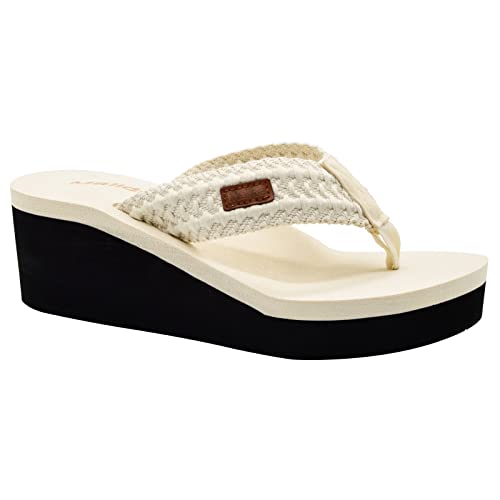 MALIDA Damen Keilabsatz Fußgewölbeunterstützung Flip Flops Kissen Weiche Gummi Zwischensohle Plateau Zehensandalen mit Gummisohle, beige, 39 EU von MALIDA