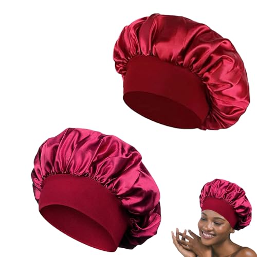 2 Stück Seidenhaube zum Schlafen,Silk Bonnet,Satin Haarhaube für Die Nacht,Sleep Cap,Schlafhaube Haare Schützen Kopfbedeckung,Haar Haube zum Schlafen mit Gummizug für Damen und Mädchen (Burgunderrot) von MALOUSUN