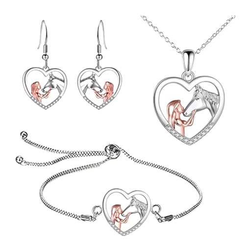 Pferd Halskette Mädchen,3-teiliges Set aus Herz-Anhänger Halskette,Armband und Ohrringen,Pferde Schmuck für Pferdemädchen,Pferde Geschenke für Mädchen,Pferdeschmuck,Geschenke für Pferdeliebhaber von MALOUSUN