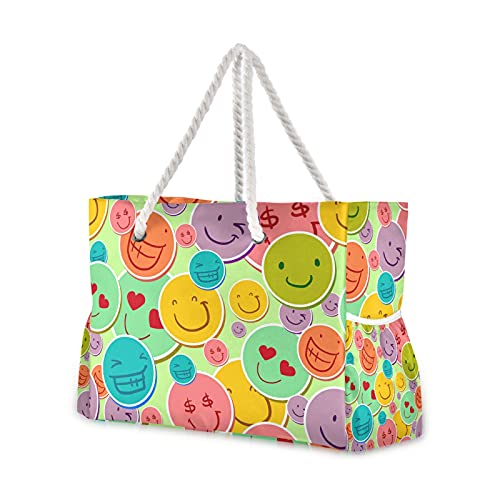 MALPLENA Große Tragetasche mit Cartoon-Smiley-Gesicht, robust, Strandtasche von MALPLENA