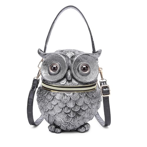 Artistic Owl Embossed PU Leather Handbag Women's Black Shoulder Bag Punk Crossbody Purse For Daily Shopping Unique Embossed Bag, silber, One Size von MALSSE