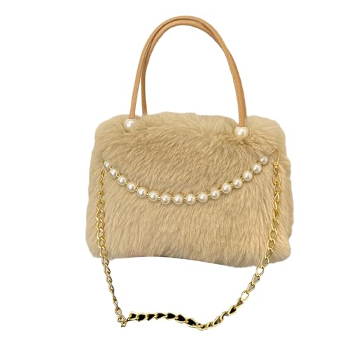Auffällige pelzige Schultertasche mit Perlen aus Plüsch und geräumigen Designs, Handtasche für moderne Damen-Stile, elegante Abendtasche, helles kaffebraun, One Size von MALSSE