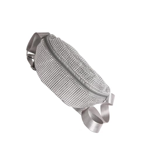 Einzigartige Damen-Hüfttasche mit Strasssteinen, verziert, Schultertasche, Umhängetasche, sicherer Reißverschluss, Design für Einkaufen oder Reisen, mit Reißverschluss, silber, Mass Beauty von MALSSE