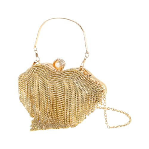 MALSSE Einzigartige Lippenform Abendtasche mit funkelnden Strasssteinen und Fransen, Handtasche, Schultertasche für modische Frauen, Party-Clutch, gold, One Size von MALSSE