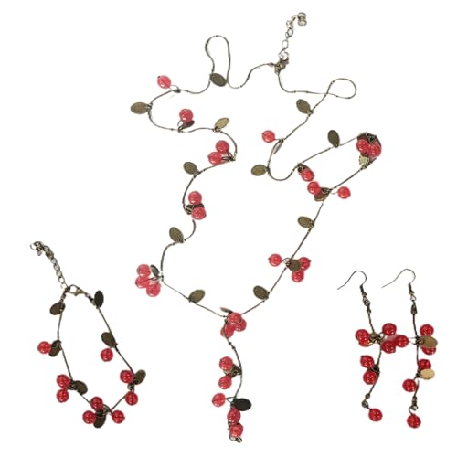 MALSSE Handgefertigtes inspiriertes Schmuck-Set, trendige Kirschen, Charm-Halskette, Ohrringe, elegantes Accessoire für Damen, trendiges Damen-Accessoire von MALSSE