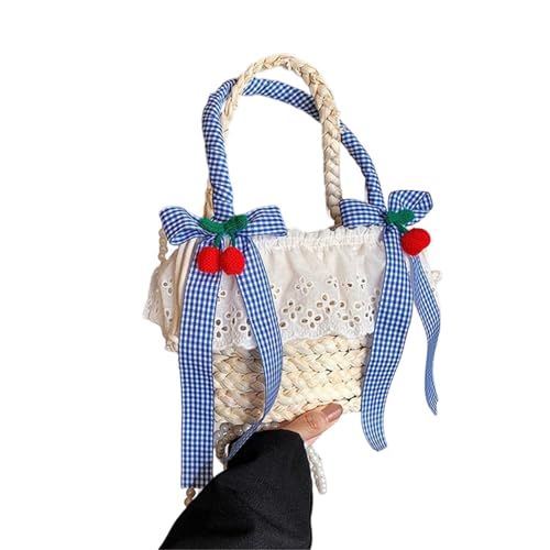 MALSSE Kleine Strohtasche für Urlaub, Strand, Schleife, Rüschen, Spitze, Handtasche mit Tragegriff oben und Perlenkette für Damen, Strohhandtasche, blau, One Size MALSSE Kleine Strohtasche für Urlaub, Strand, Schleife, Rüschen, Spitze, Handtasche mit Tragegriff oben und Perlenkette für Damen, Strohhandtasche, blau, One Size von MALSSE