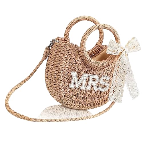 MALSSE Stroh-Schultertasche für Braut, Brautparty, Strand, mit gewebtem Design, Spitzenschleife, Foto-Requisiten, Naturfaser, Handtasche, Frau, Einheitsgröße von MALSSE