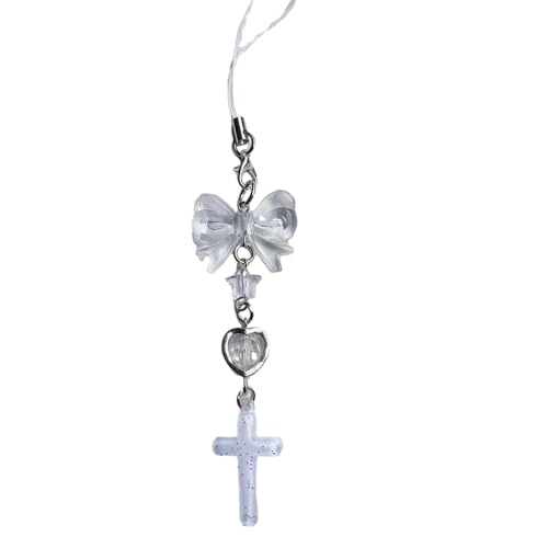 MALSSE Süßes Herz-Kreuz-Perlen-Handy-Charm-Riemen, Autoschlüssel, hängende Anhänger, modische Taschendekoration, Schlüsselband, Geldbörse, Zubehör, Handy-Anhänger, Schlüsselband für Schlüssel von MALSSE