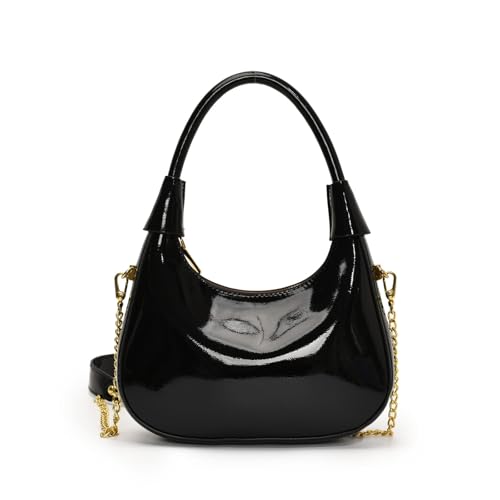 MALSSE Trendige PU-Handtasche mit glänzendem Finish, Abendtasche, Schultertaschen mit geräumigem Innenraum, ideal zum Einkaufen und Essen, Party-Handtasche, Schwarz , One Size von MALSSE