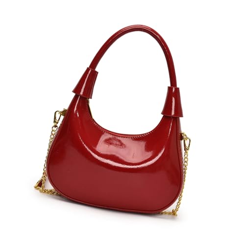 MALSSE Trendige PU-Handtasche mit glänzendem Finish, Abendtasche, Schultertaschen mit geräumigem Innenraum, ideal zum Einkaufen und Essen, Party-Handtasche, rot, One Size von MALSSE
