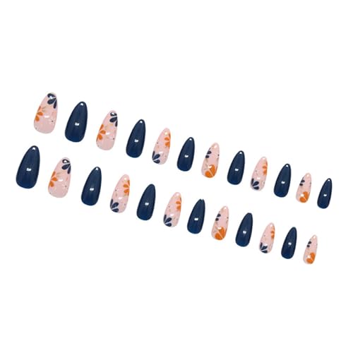 Mandel-Nägel zum Aufdrücken, Blumendesign, französische künstliche Acryl-Klebstoffe, für Damen, Sarg, Mandel, französische Spitze, 24 Stück von MALSSE