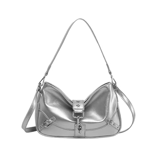 Moderne Damenhandtasche aus weichem PU-Leder Achseltasche Schultertaschen Satchel geeignet für Einkäufe und gesellschaftliche Zusammenkünfte Retro Mode Tasche, silber, One Size von MALSSE