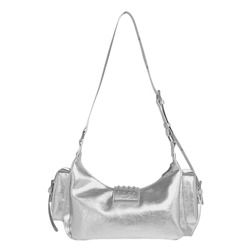 Motorrad-/Punk-Nieten-Schultertasche mit Metallschnalle, PU-Leder, mehrere Taschen, Unterarm-Handtasche, Geldbörse, für Damen, verstellbarer Riemen, silber, One Size Motorrad-/Punk-Nieten-Schultertasche mit Metallschnalle, PU-Leder, mehrere Taschen, Unterarm-Handtasche, Geldbörse, für Damen, verstellbarer Riemen, silber, One Size von MALSSE
