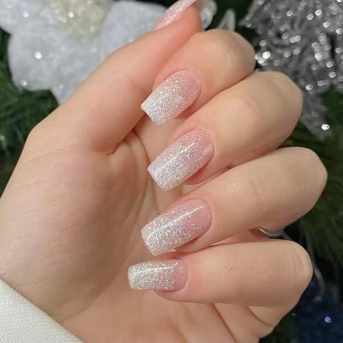 Quadratische künstliche Nägel mit Glitzer-Puder, volle Abdeckung, glänzend, zum Aufkleben, Maniküre, 24 Stück, für modische Frauen, trendiges Nageldesign von MALSSE