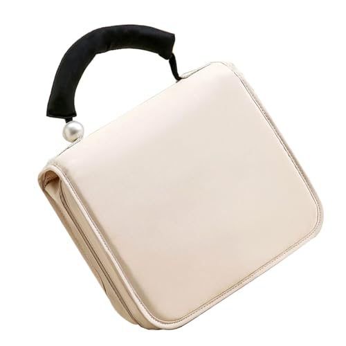 Reise-Kosmetiktasche zum Aufhängen, großes Fassungsvermögen, Perlengriff, Make-up-Organizer mit Reißverschluss, Kulturbeutel mit Haken zum Aufhängen, Make-up-Box, beige, Mass Beauty von MALSSE