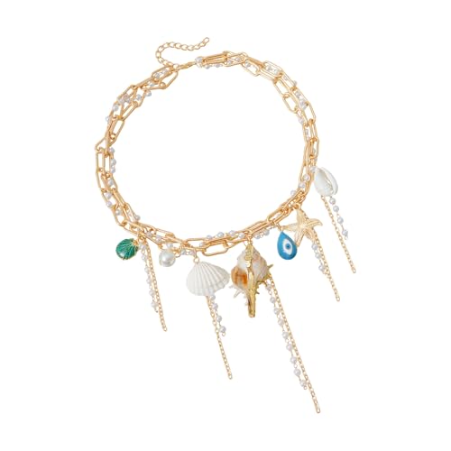 Stilvolle Halskette mit Seesternen, Muschelquasten, Sommer, Strand, Schmuck, leichte Legierung, Schlüsselbeinkette für Damen, Urlaubs-inspirierte Schichtlegierungs-Halskette von MALSSE