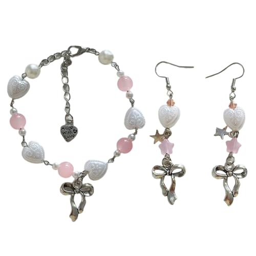 Zartes Armband, modisch, handgefertigt, modisch, mit Perlen, Ohrschmuck, zierliche Schleife, Schmuck-Set, Legierung von MALSSE