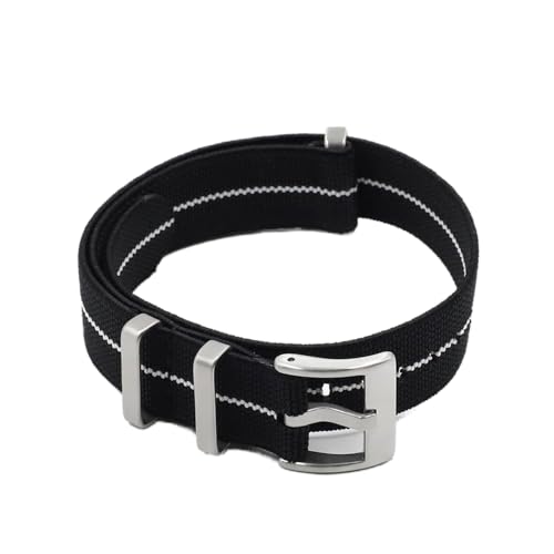 MAMA'S PEARL Elastisches Nylon-Uhrenarmband, 18 mm, 20 mm, 22 mm, Schwarz, Grün, Grau, Uhrenarmbänder, Herren-Uhrenarmbänder, silberne Schnalle (Color : Black-white line, Size : 18mm) von MAMA'S PEARL