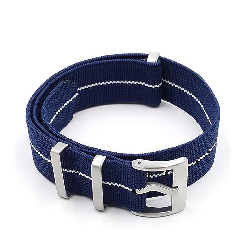 MAMA'S PEARL Elastisches Nylon-Uhrenarmband, 18 mm, 20 mm, 22 mm, Schwarz, Grün, Grau, Uhrenarmbänder, Herren-Uhrenarmbänder, silberne Schnalle (Color : Navy-white line, Size : 18mm) von MAMA'S PEARL