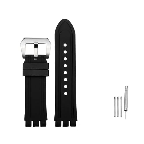 MAMA'S PEARL For Swatch YOS440 YOS413 YOS424 Silikonband Herren Schwarzes Gummiarmband Armband Armband 23m Uhrzubehör Kostenlose Tools(Black silver buckle) von MAMA'S PEARL