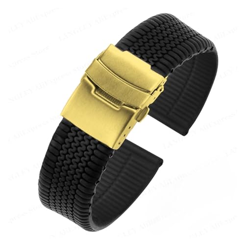 MAMA'S PEARL Gummi-Uhrenarmband, 20 Mm, 22 Mm, 24 Mm, Schnellverschluss, Passend For Huawei Watch Gt2/Gt3 Band, Weiches Herren-Sport-Silikon-Armband, Passend For Fossil-Uhr (Color : Black-Gold, Size von MAMA'S PEARL