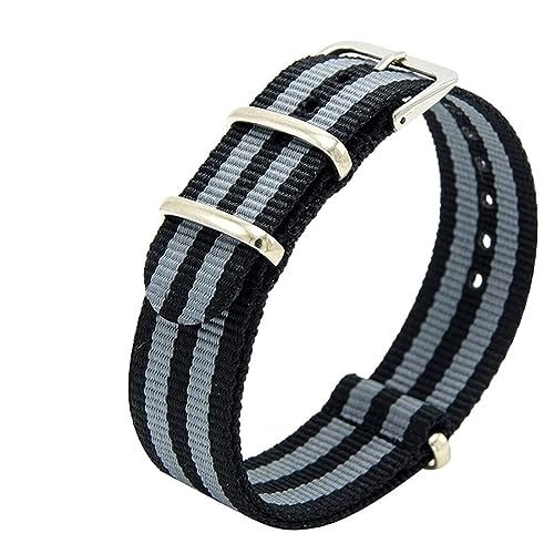 MAMA'S PEARL Strapazierfähiges Nylon-Canvas-Armband, 18 mm, 20 mm, 22 mm, schwarz gestreift, Ersatzarmband, Edelstahl-Schnalle, Uhrenzubehör (Color : Black grey, Size : 18mm) von MAMA'S PEARL