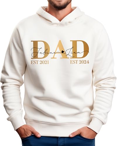 Dad Pullover Cremeweiß mit Kindernamen, Herren Hoodie personalisiert mit 2 3 Kinder Namen Gold Silber, Pulli Weiss mit Kapuze Kapuzenpullover Weiß für Männer Geschenk Vatertag Geburtstag Weihnachten von MAMAHUHU