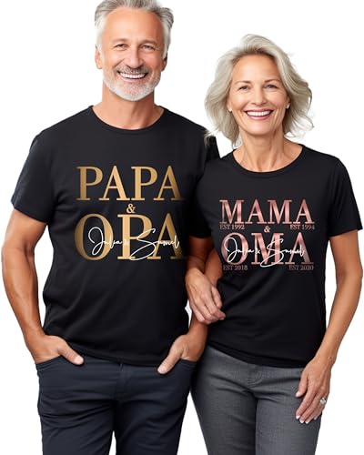 Damen Herren Tshirt 2er Set schwarz weiß mit 2 Enkelnamen Kindernamen für Oma Opa Paar Partnerlook, Familien T-Shirts personalisiert 3 Namen von Enkel Enkelkinder Kinder 2024, Kleidung Bio Baumwolle von MAMAHUHU