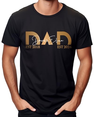 Dad T-Shirt Herren Schwarz mit Kindernamen, Männer Tshirt Personalisiert 2 3 Kinder Namen 2023 2022 Oberteil Vatertag Spruch Bester Super Vater Geschenk zum Geburt Geburtstag Kleidung Bio Baumwolle von MAMAHUHU