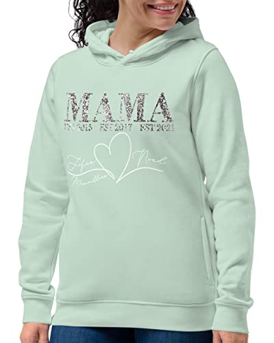 MAMAHUHU Mama Kapuzenpullover Grün Personalisiert mit Kindernamen, Damen Pullover Kapuze Weich Herbst Winter, Sweatshirt Pulli Motiv 2 3 Kinder Namen, Geschenk Frauen Kleidung Bio Baumwolle von MAMAHUHU