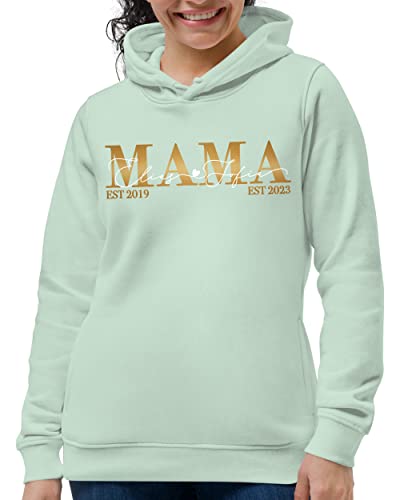 MAMAHUHU Mama Kapuzenpullover Personalisiert Grün, Damen Hoodie mit Kapuze Weich Herbst Winter, Sweatshirt Sweater mit Kindernamen, 2022 2023, Frauen Kleidung Bio Baumwolle Umweltfreundlich von MAMAHUHU
