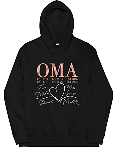 MAMAHUHU Oma Pullover Pulli mit Namen Enkel Enkelin Kinder, Damen Hoodie Kindernamen der Enkelkinder Kapuzenpullover Kleidung für Frauen, Geschenk zum Geburtstag Muttertag Weihnachten Bio Baumwolle von MAMAHUHU