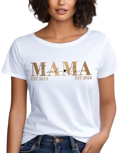 Mama Tshirt Weiss personalisiert mit Kindernamen für super Liebe Mama Mutter, Damen T-Shirt weiß Rosegold Gold Kinder Namen Muttertagsgeschenk Geburtstagsgeschenk Oberteil Baumwoll von MAMAHUHU