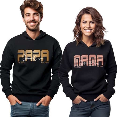 Mama und Papa Pullover Set mit 3 Kindernamen, Damen Herren Hoodie Pulli Kapuze Kapuzenpullover mit 2 Kinder Namen für Familien Partnerlook, Geschenk zum Muttertag Vatertag Weihnachten Geburtstag von MAMAHUHU