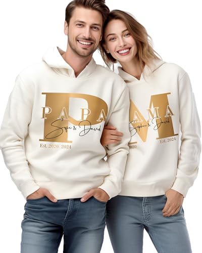 Mama und Papa Pullover mit Kapuze personalisiert mit 3 Kindernamen, Mom Dad Hoodie Pulli mit 2 Kinder Namen 2024 Familien Paar Partnerlook, Kapuzenpullover Geschenk zum Muttertag Vatertag Weihnachten von MAMAHUHU