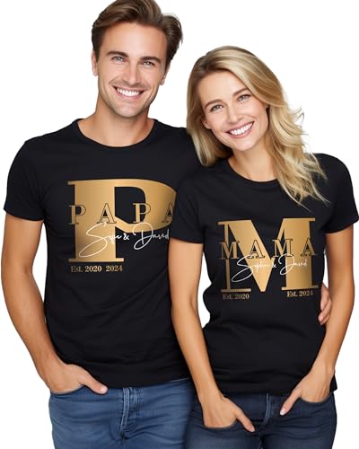 Mama und Papa Tshirt Partnerlook Set personalisiert schwarz weiß mit Kindernamen, Mom Dad Paar FamilienT-Shirt weiss Kinder Namen Geschenk zum Vatertag Muttertag Weihnachten Geburtstag Bio Baumwolle von MAMAHUHU
