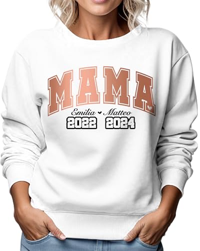 Neu Mama Pullover Weiß mit Kindernamen & Geburtsjahren, Damen Hoodie Cremeweiß personalisiert mit 2 3 Kinder Namen Rosegold Gold Silber Glitzer, Pulli Frauen Winter Herbst Sweatshirt Weiss Baumwolle von MAMAHUHU