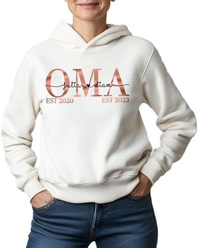 Oma Pullover Pulli mit Enkel Enkelin Kinder Namen, Damen Hoodie Kapuze 2 3 Kindernamen der Enkelkinder Kapuzenpullover Sweatshirt für Frauen Geschenk zum Geburtstag Weihnachten Muttertag Bio Baumwolle von MAMAHUHU