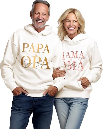 Oma und Opa Pullover mit Kapuze personalisiert mit 3 Enkelnamen Kindernamen, Hoodie Pulli mit 2 Enkel Enkelkinder Kinder Namen 2024 Familien Paar Partner, Damen Herren Kapuzenpullover Bio Baumwolle von MAMAHUHU