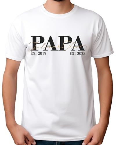 Papa T-Shirt Herren Weiß mit Kindernamen, Männer Tshirt Weiss Personalisiert 3 Kinder Sohn Tochter 2 Namen Gold 2024 Oberteil Spruch Bester Vater Söhne Töchter Geschenk Top Kleidung Bio Baumwolle von MAMAHUHU